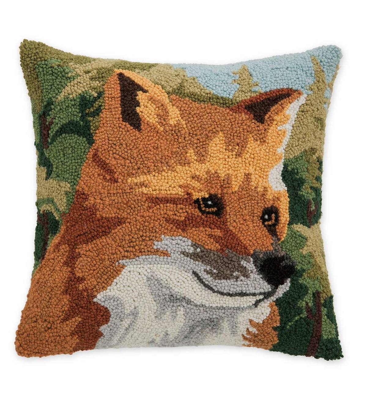 Fox Hand-Hooked Wool Throw Pillow