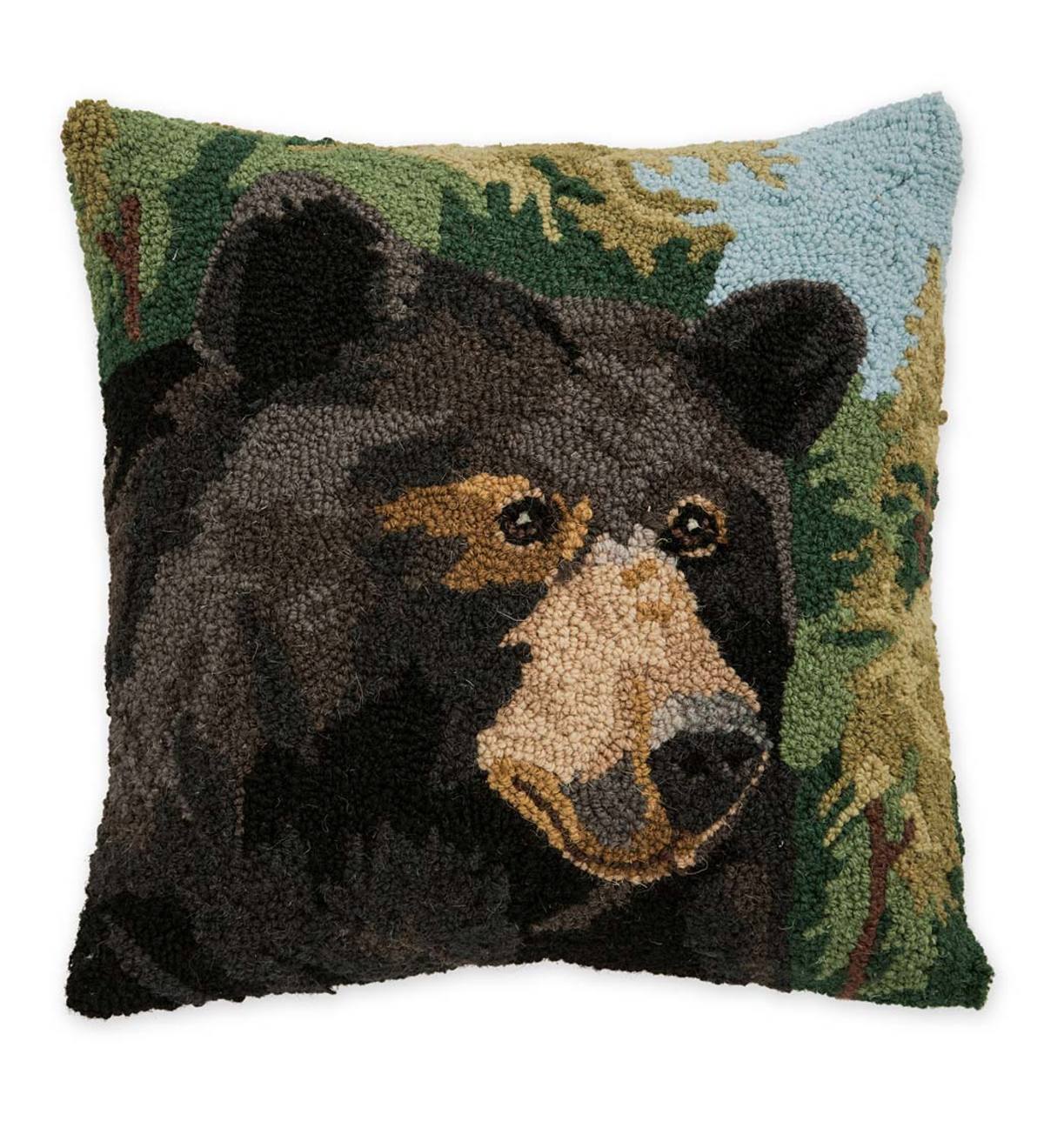 Bear Hand-Hooked Wool Throw Pillow