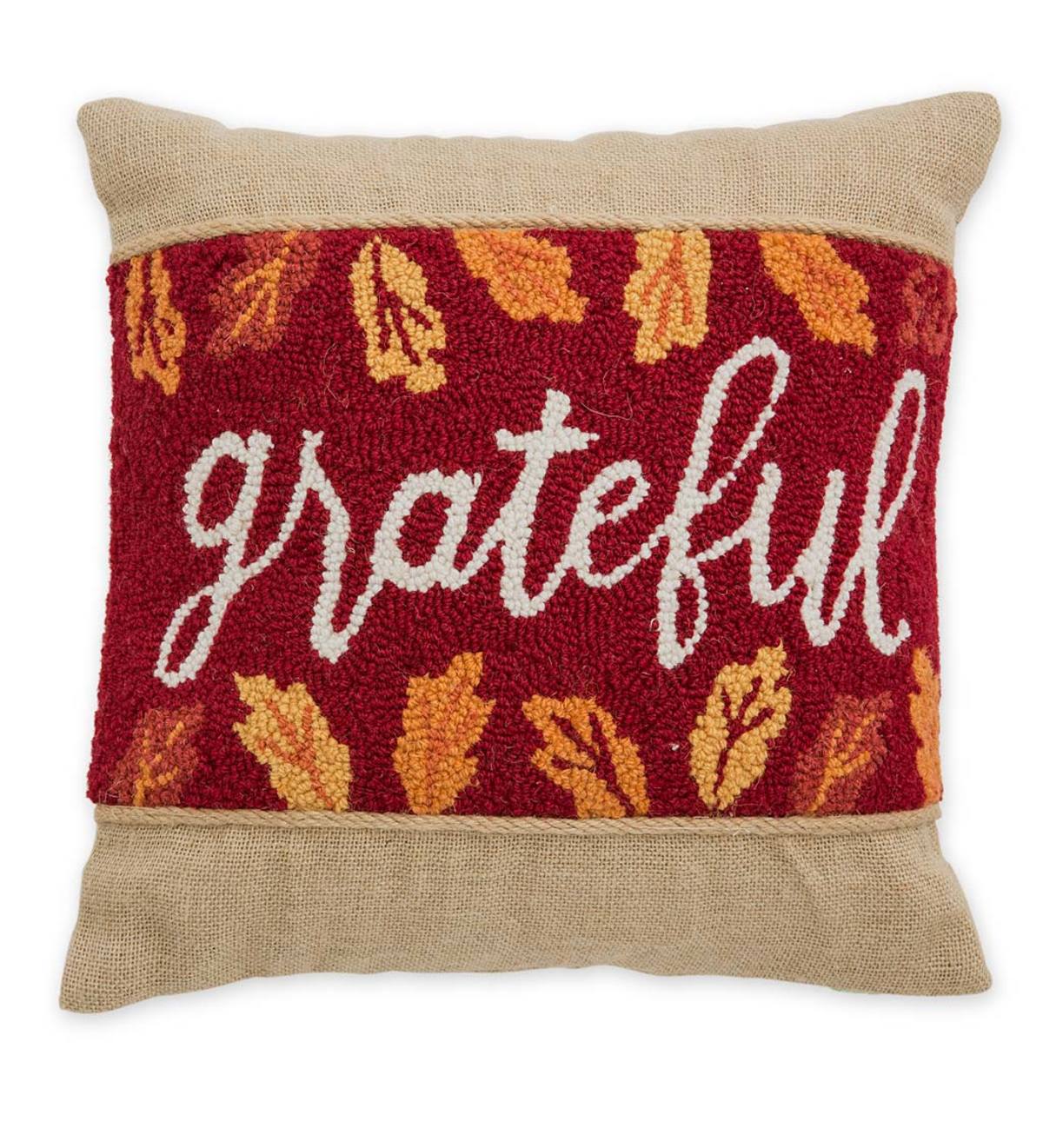 Hooked Wool and Burlap Grateful Throw Pillow