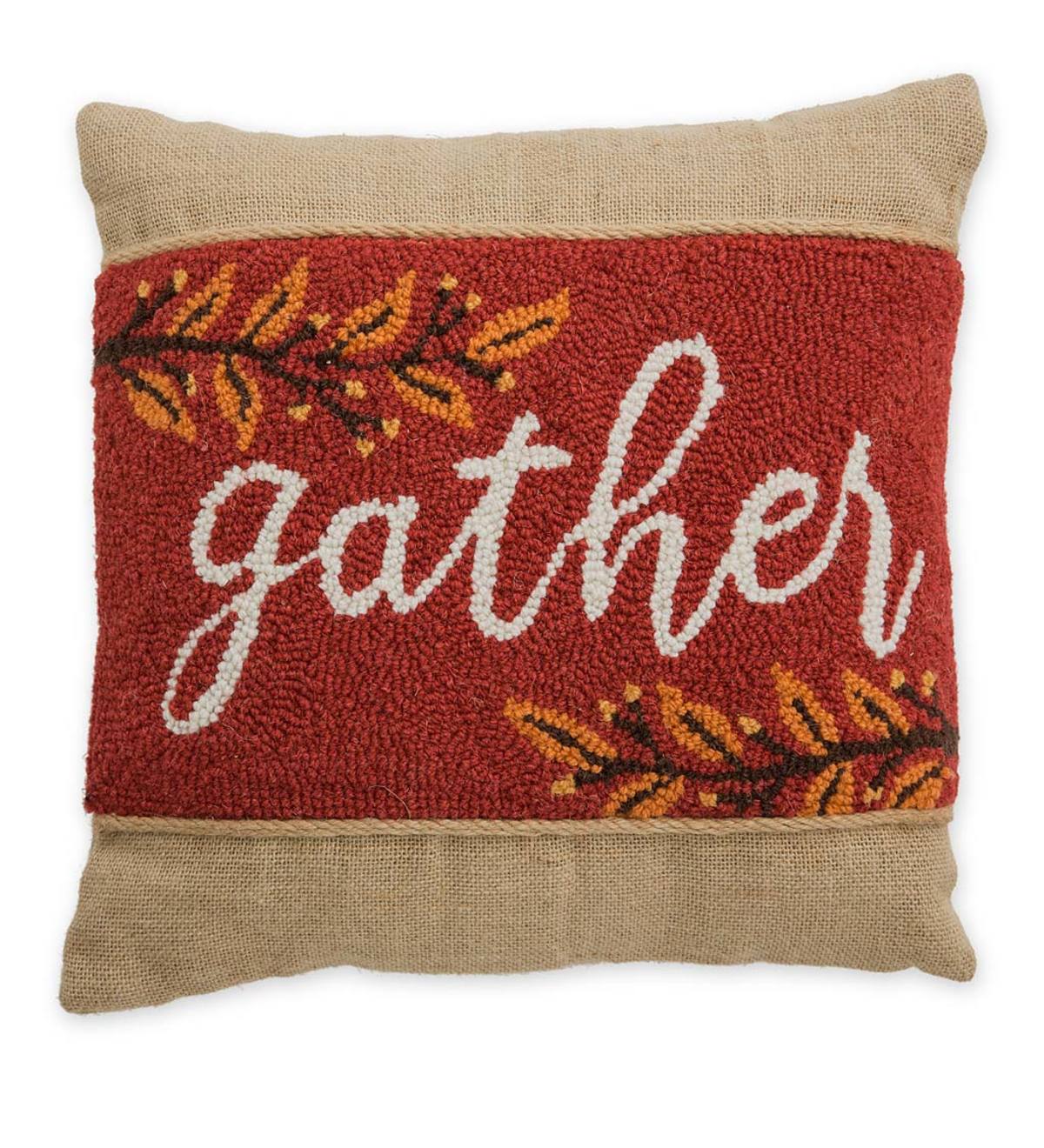 Hooked Wool and Burlap Gather Throw Pillow