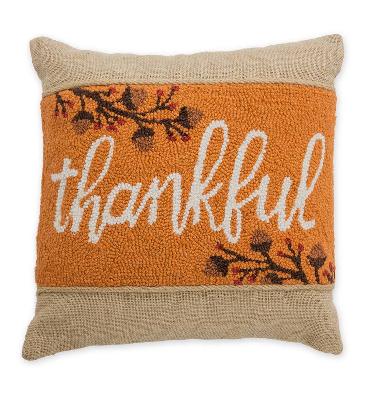 Hooked Wool and Burlap Thankful Throw Pillow