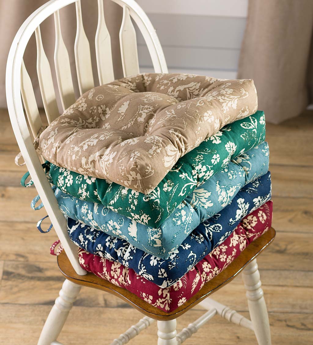 Reversible Floral Damask Tufted Cotton Chair Pad with Ties