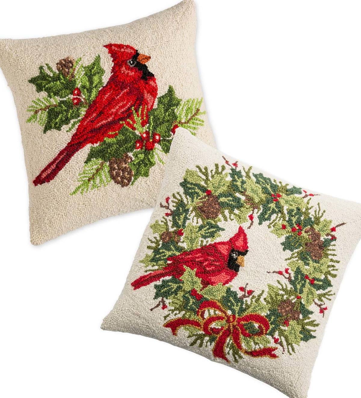 Hand-Hooked Wool Cardinal Holiday Throw Pillows