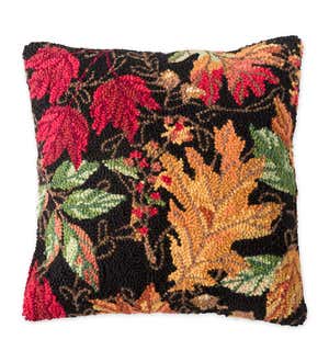 Holly and Berries Hand-Hooked Wool Throw Pillow on Red Background