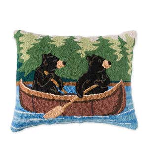 Hand-Hooked Wool Throw Pillow With Black Bears in A Canoe