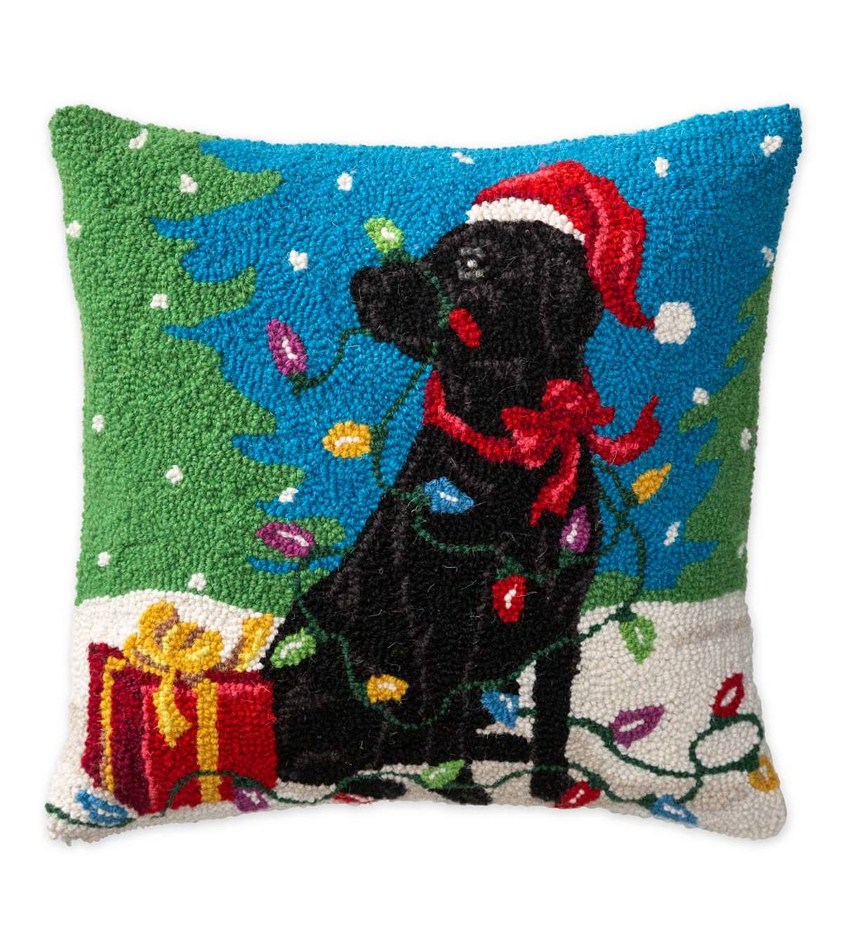 Hooked Wool Black Labrador with Christmas Lights Holiday Throw Pillow