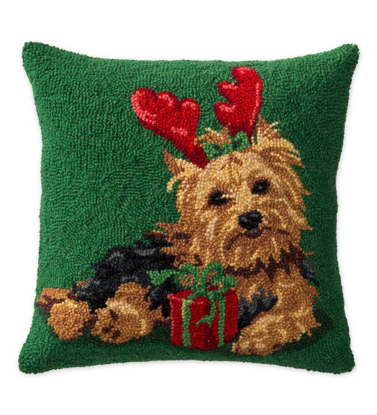 Hooked Wool Yorkshire Terrier with Christmas Present Holiday Throw Pillow