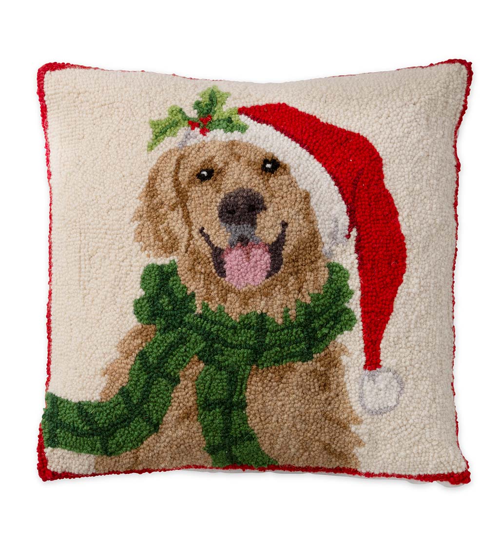 Hooked Wool Golden Retriever With Santa Hat Holiday Throw Pillow