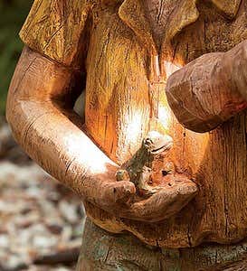 Solar Garden Statue Boy With Flashlight And Frog