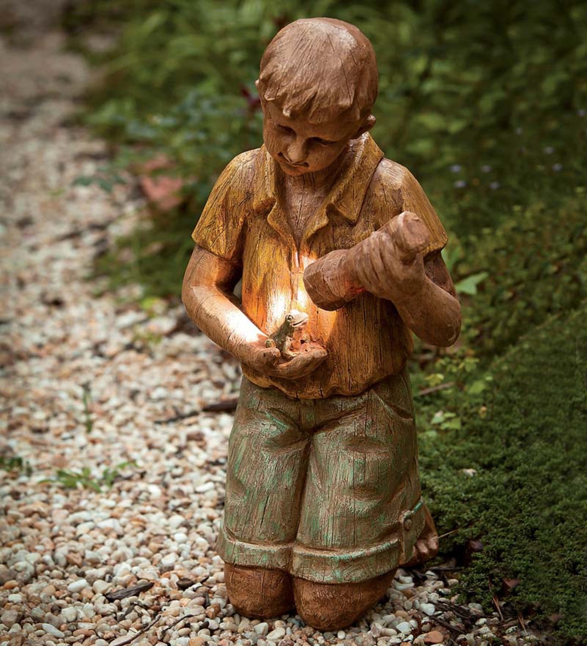 Solar Garden Statue Boy With Flashlight And Frog