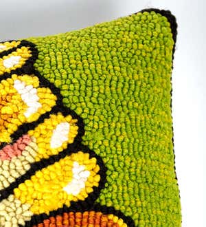 Indoor/Outdoor Green Butterfly Hand Hooked Polypropylene Throw Pillow