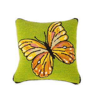 Indoor/Outdoor Green Butterfly Hand Hooked Polypropylene Throw Pillow