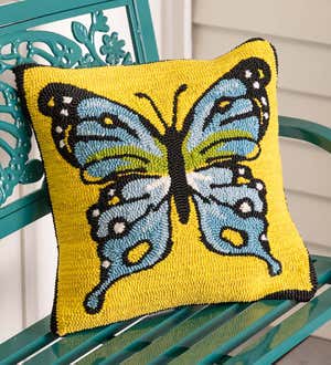 Indoor/Outdoor Yellow Butterfly Hooked Polypropylene Throw Pillow