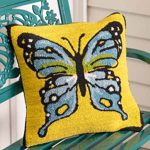 Indoor/Outdoor Yellow Butterfly Hooked Polypropylene Throw Pillow