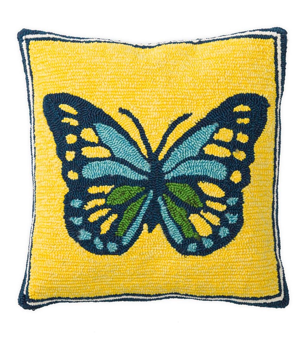 Indoor/Outdoor Hooked Polypropylene Butterfly Throw Pillow