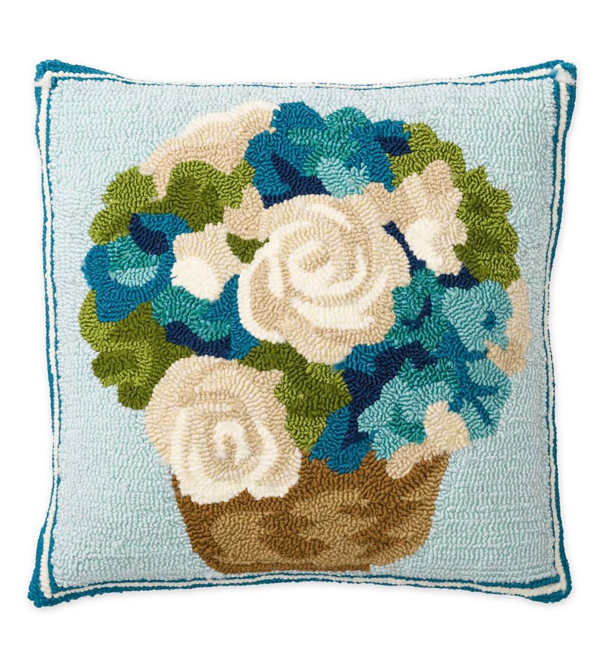 Indoor/Outdoor Hooked Flower Basket Throw Pillow