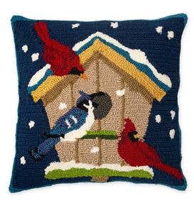 Indoor/Outdoor Hooked Winter Birdhouse Throw Pillow