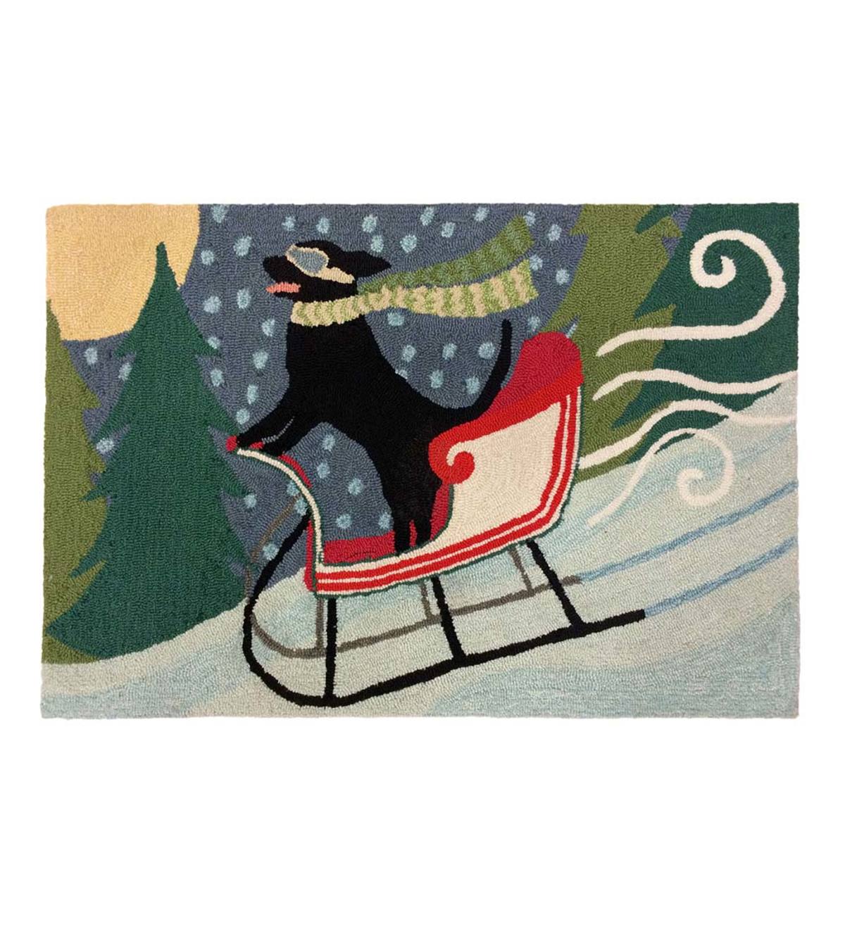 Indoor/Outdoor Synthetic Blend Dog in a Sleigh Holiday Rug, 24" x 36"