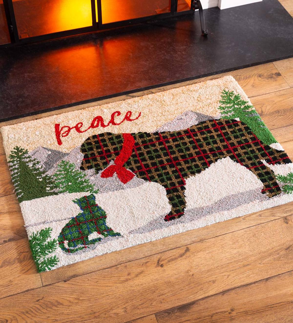 Hand-Hooked Wool Peace On Earth Holiday Rug with Dog and Cat