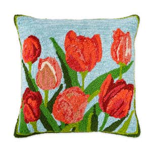 Indoor/Outdoor Pink Tulips Hooked Polypropylene Throw Pillow