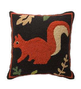 Indoor/Outdoor Woodland Hooked Pillow with Squirrel