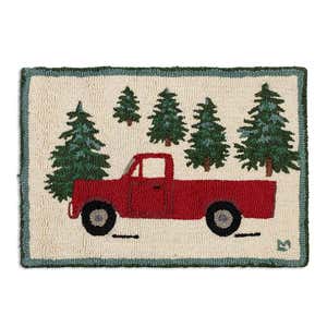 Hooked Wool Red Pickup Truck in Evergreen Forest Accent Rug - Red Truck