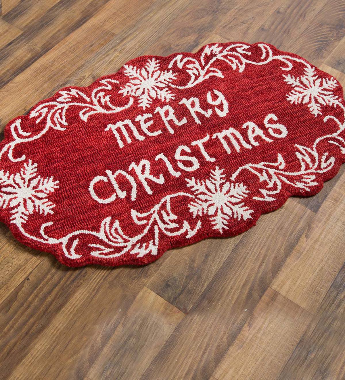Merry Christmas Snowflake Hooked Wool Accent Rug