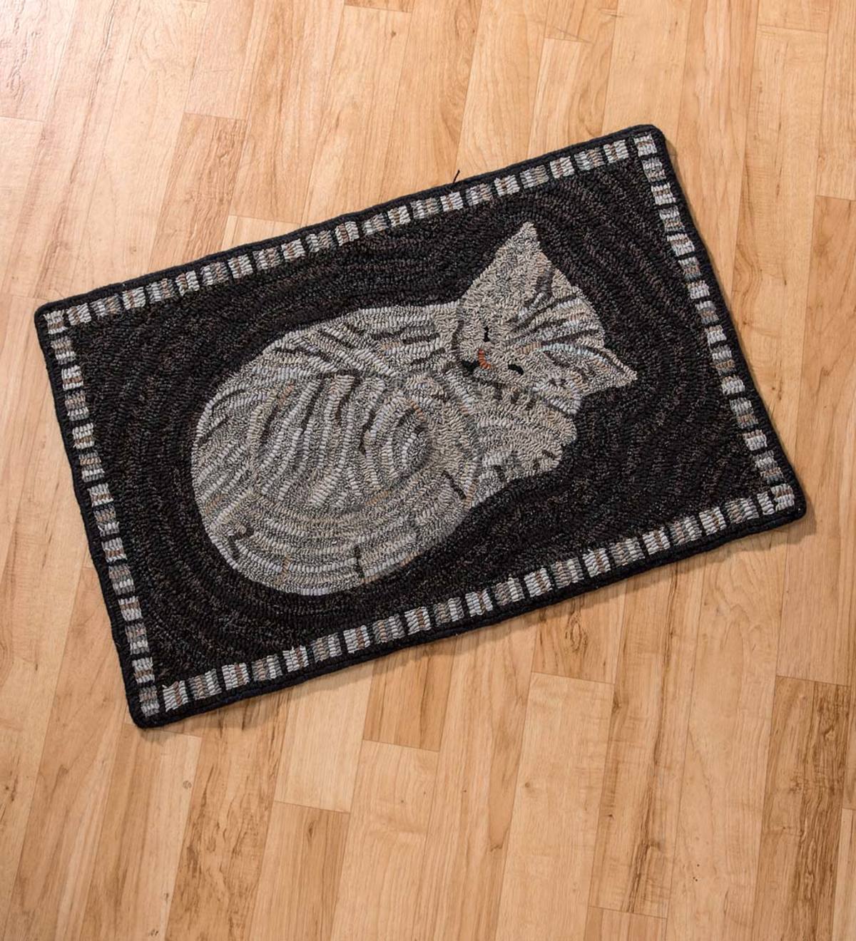 Handmade Patchwork Kitten Hooked Wool Blend Rug