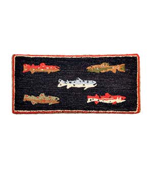 River Fish Hand-Hooked Wool and Hickory Bench