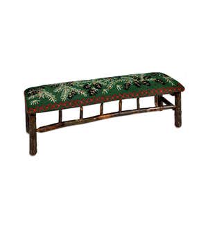 Large Pine Cone Hand-Hooked Wool and Hickory Bench