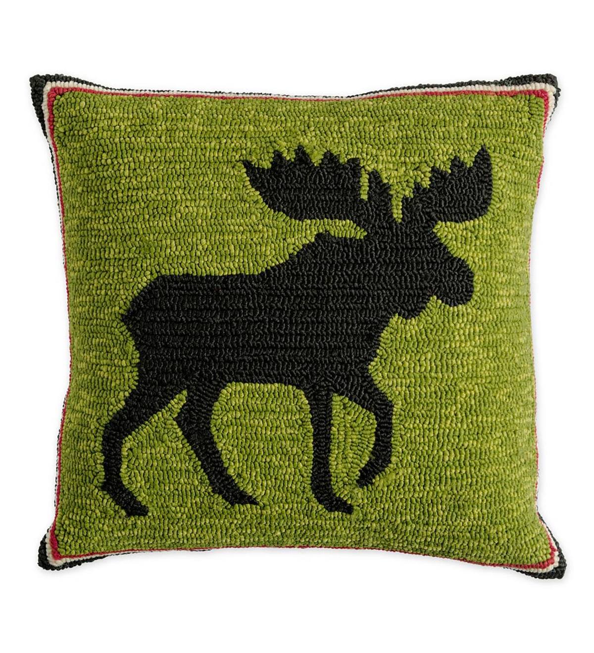 Indoor/Outdoor Hooked Moose Throw Pillow - Green