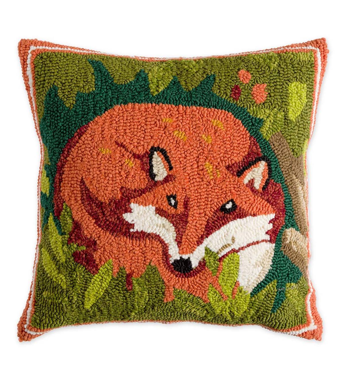 Indoor/Outdoor Springtime Forest Hooked Fox Pillow