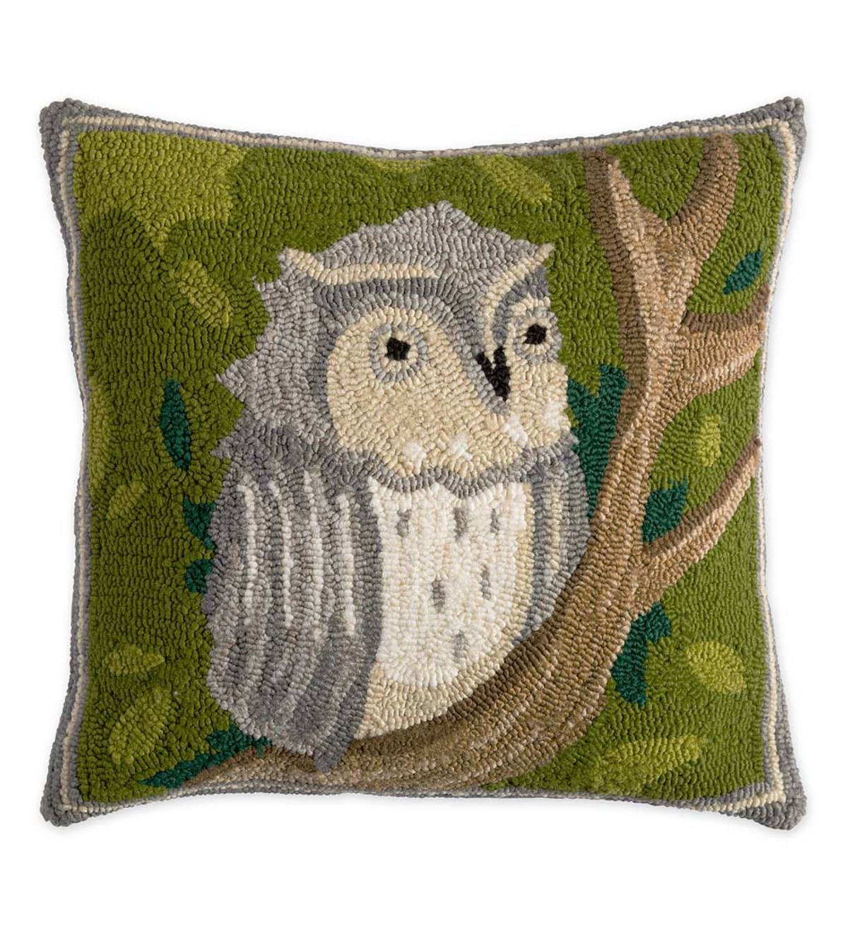 Indoor/Outdoor Springtime Forest Hooked Owl Pillow