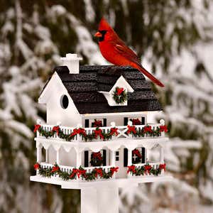 Lighted Holiday Colonial Cottage Birdhouse and Pedestal Pole Set