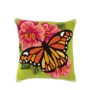 Indoor/Outdoor Hooked Polypropylene Monarch Butterfly Throw Pillow