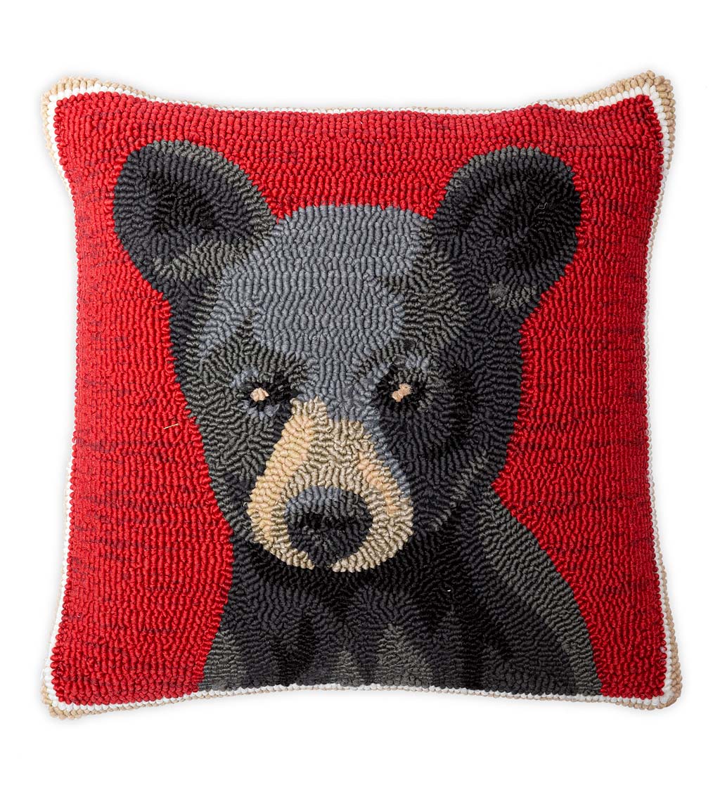 Indoor/Outdoor Hooked Polypropylene Bear Cub Throw Pillow