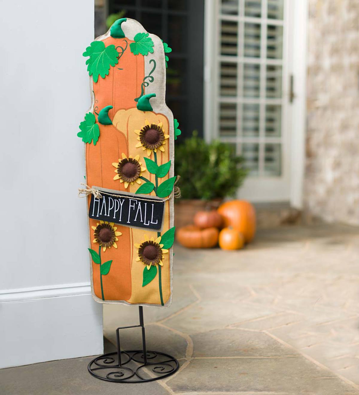 Sunflowers And Pumpkins Burlap Banner Statement Stake