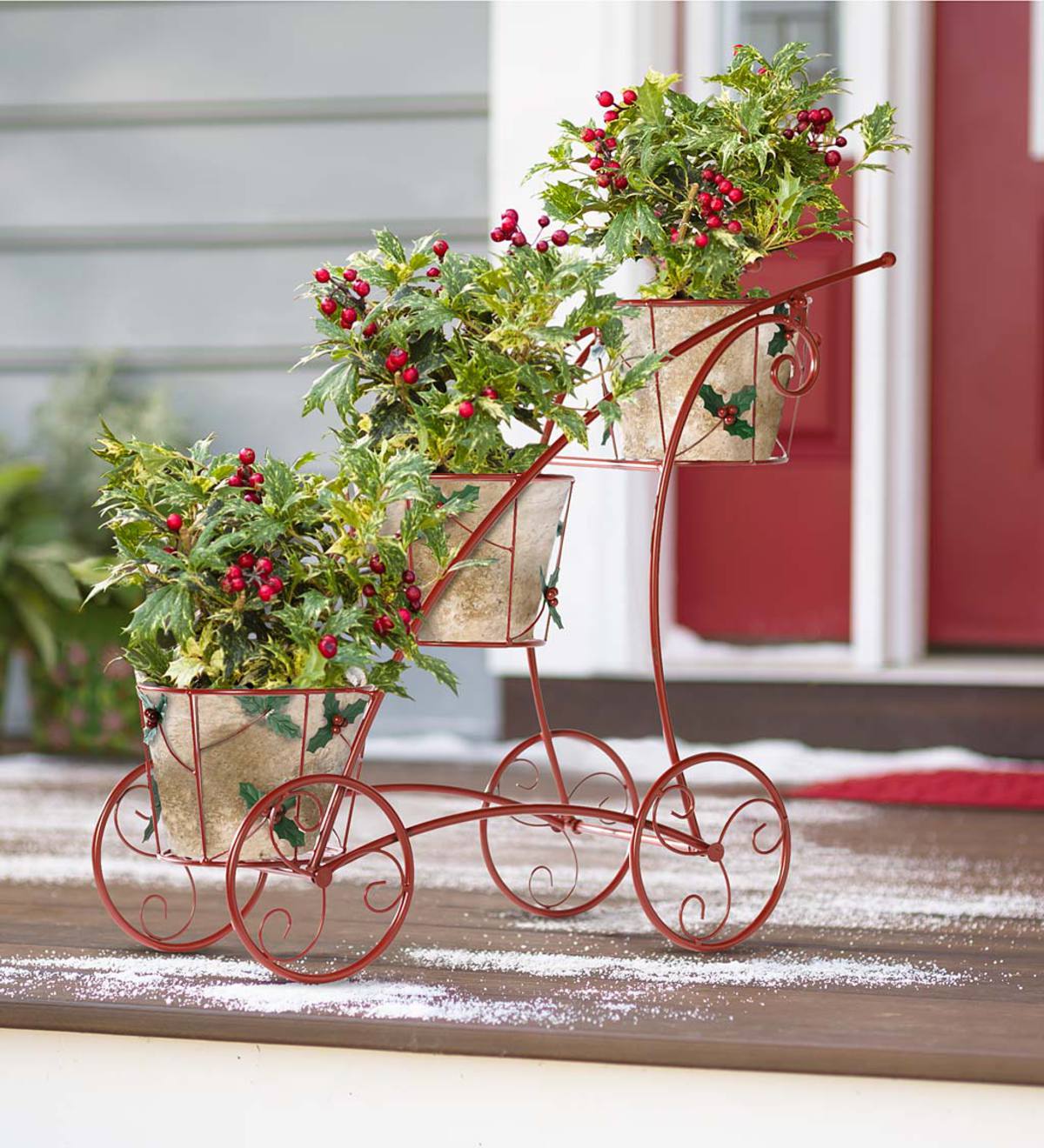 Three Tier Red Plant Stand with Holly Accents