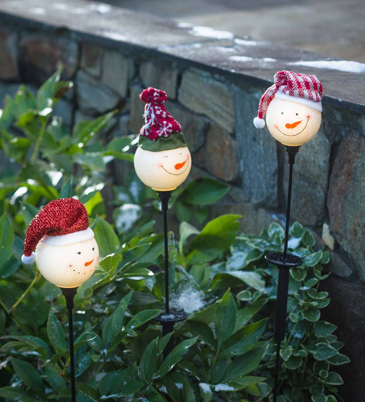 Solar Snowman Glass Garden Stakes, Set of 3