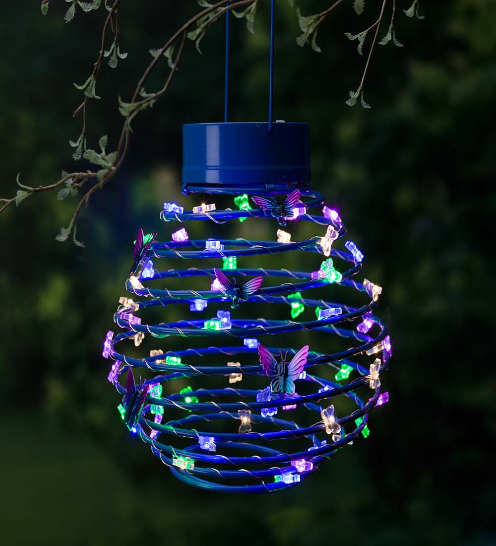 Hanging Spring-Coil Solar Lantern with Butterfly LEDs