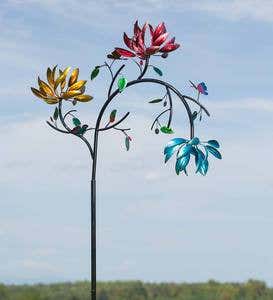 Large Metal Wind Spinner with Three Spinning Flowers and Butterflies