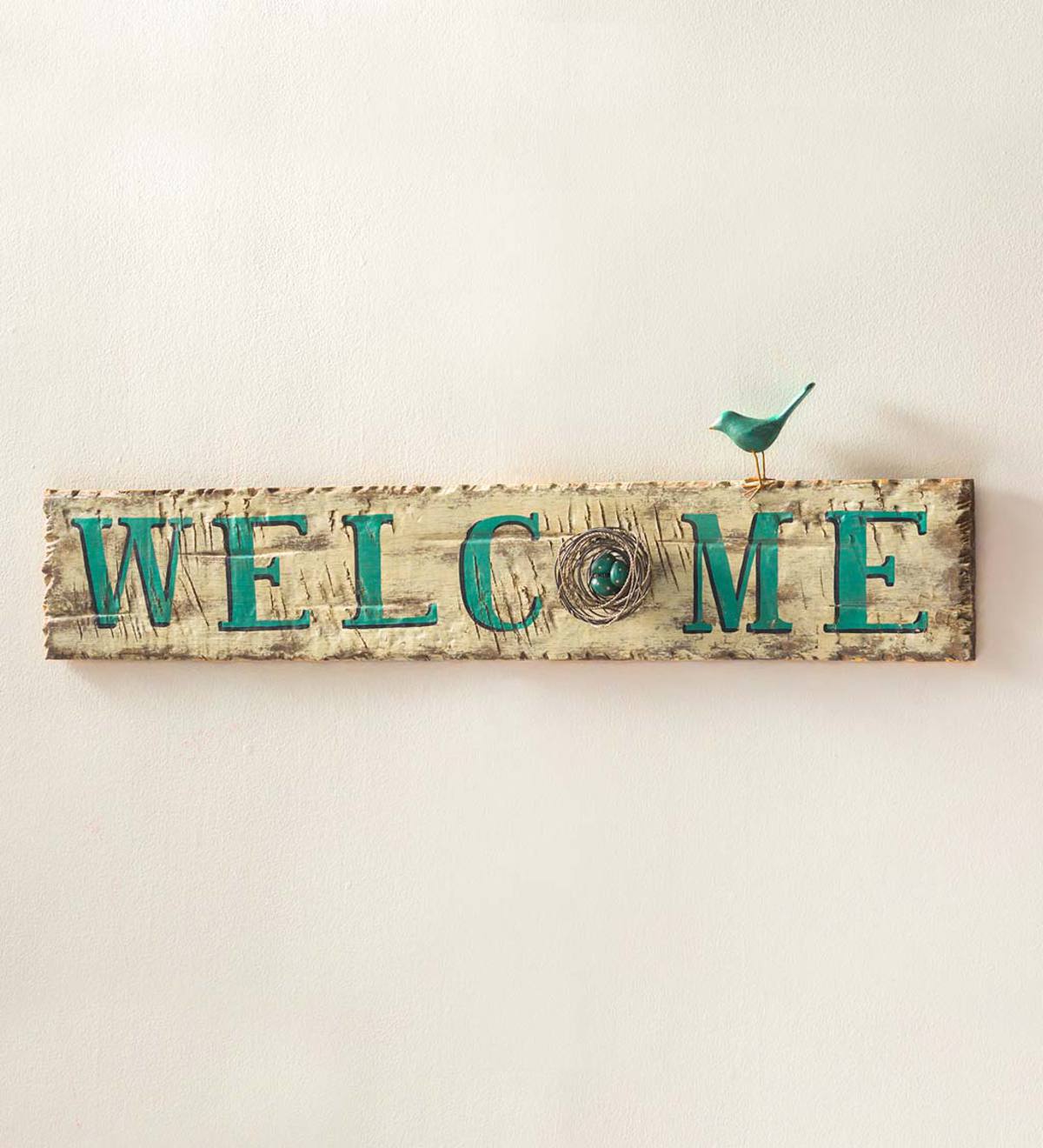 Wood Welcome Sign with Bird Accents