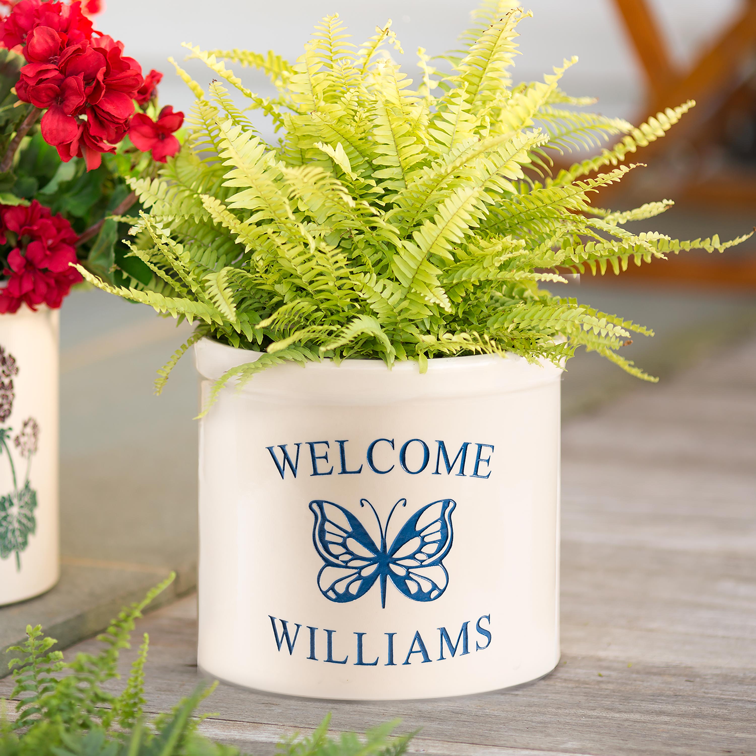 Personalized Stoneware Welcome Crock with Butterfly