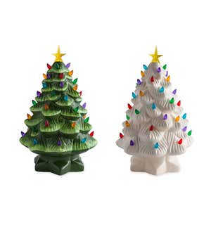 14" Indoor/Outdoor Battery-Operated Lighted Ceramic Christmas Tree - White