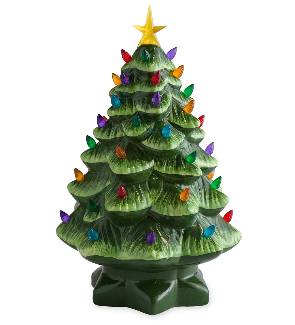 14" Indoor/Outdoor Battery-Operated Lighted Ceramic Christmas Tree - Green