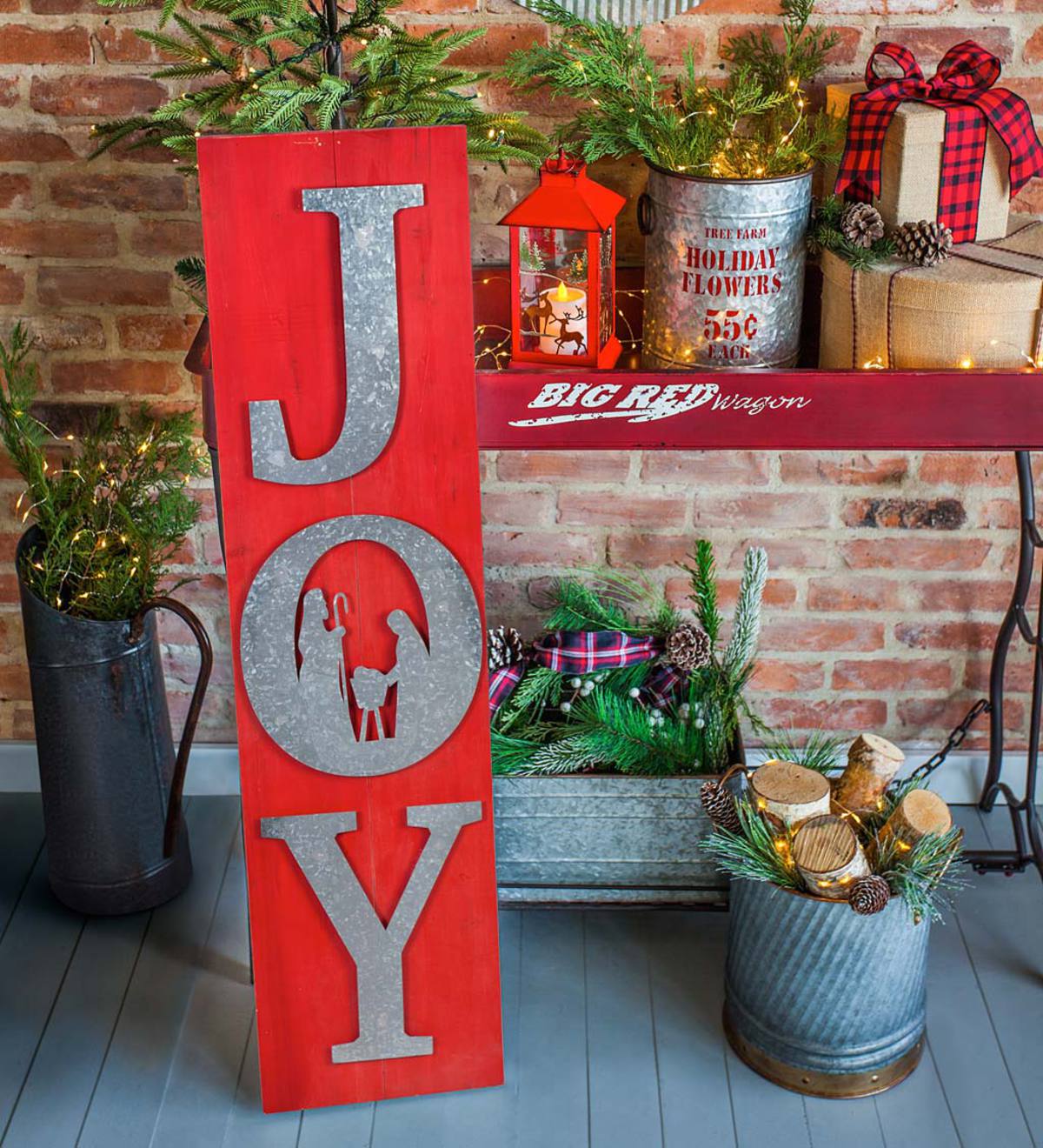 Painted Wood and Metal Joy Porch Leaner Sign