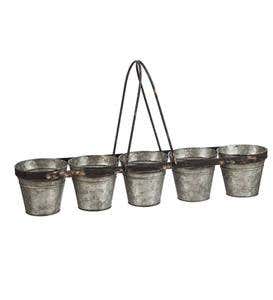 Galvanized Planters with Carrying Rack, Set of 5