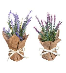 Faux Lavender Bunches in in Burlap Pots, Set of 2