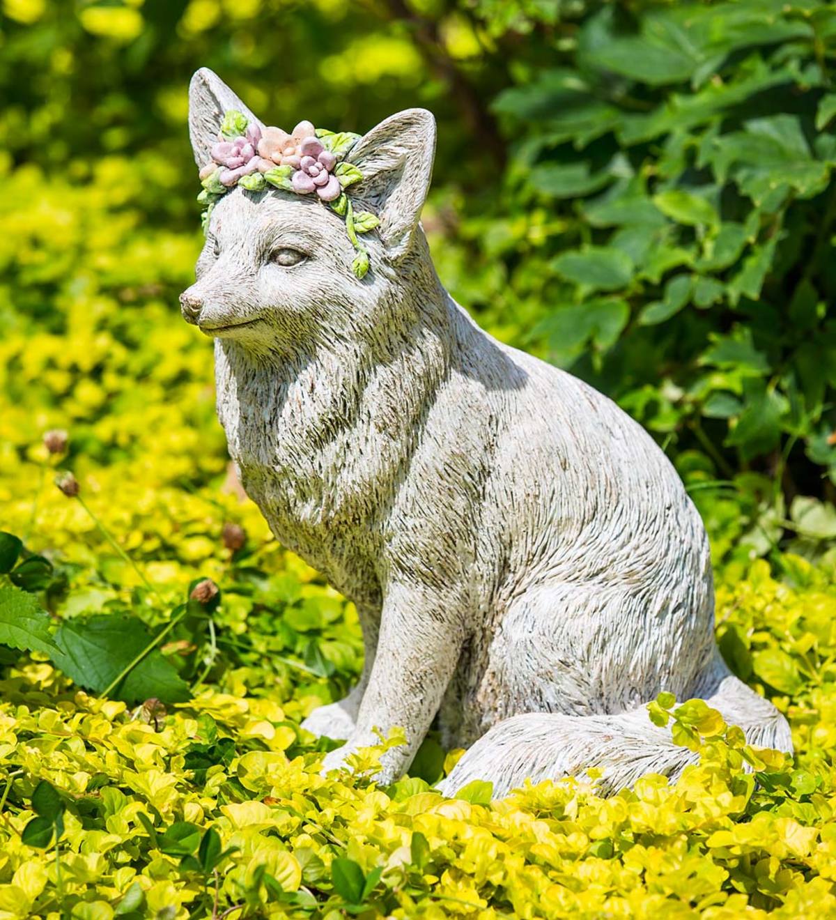 Floral Crown Fox Polystone Garden Statue