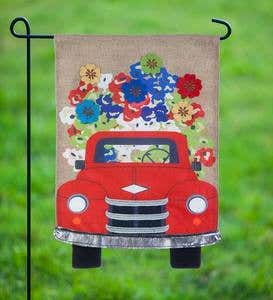 Red Truck With Flowers Burlap Garden Flag